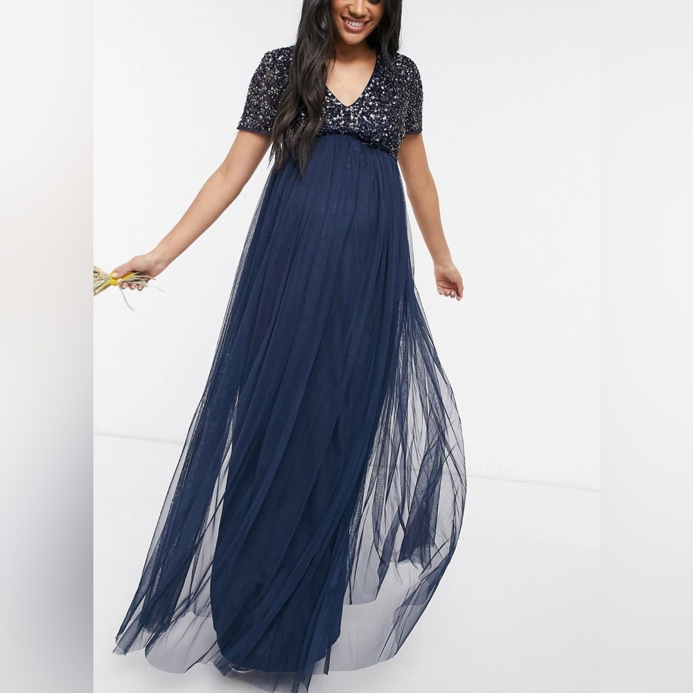 ASOS Maya Maternity Short Sleeve Maxi Dress Formal Gown Tulle Sequins Navy US 10
